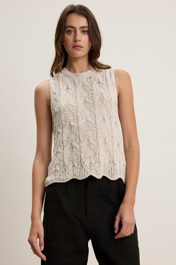 The Maren Vest is as comfortable as it is stylish!&nbsp; Crafted from super soft cotton this little neutral coloured crochet top pairs perfectly with your favourite cut off denim shorts or pair with the uber cool Sophia Trousers in Nomad - also on our website.