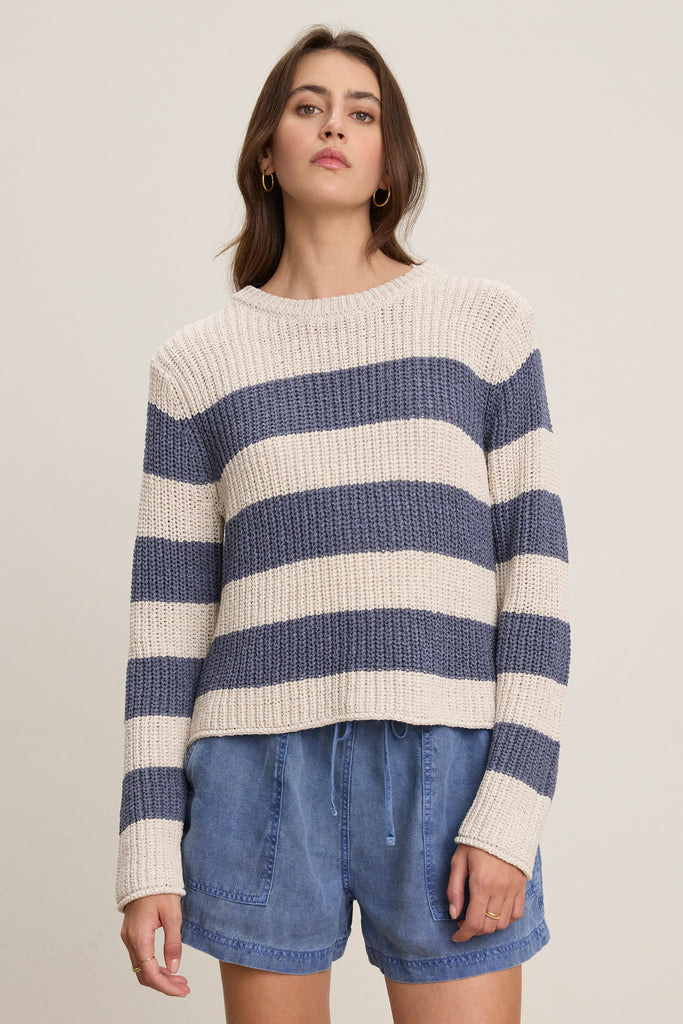Who doesn't love a stripe!&nbsp; The Maxine Jumper from Velvet by Graham &amp; Spencer has a cool Cornwall surfy vibe.&nbsp; Crafted from super soft cotton this loose knit features a crew neck and a relaxed boxy fit - perfect paired with your favourite Summer shorts.