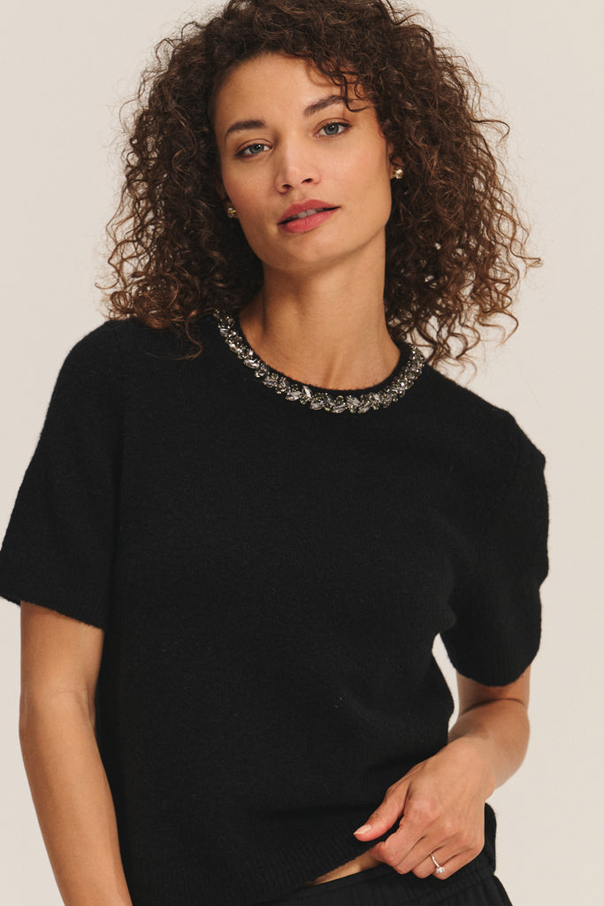 The perfect party season knit.&nbsp; Crafted from Velvet by Graham &amp; Spencer's signature super soft fabric and featuring a pretty sparkly collar this is fab paired with your favourite black trousers or skirt.&nbsp; And we love a short sleeve knit as it often gets hot inside in the winter!&nbsp;