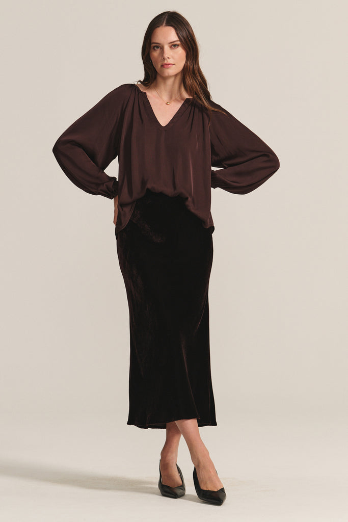 What a beautiful and wearable skirt!&nbsp; Crafted from Velvet's signature super soft velvet and cut on the bias this ankle length skirt features an elastic waist band (making it perfect for long winter dinners) and is perfect paired with a little cami but equally lovely with a winter white knit.&nbsp; A great wardrobe staple!