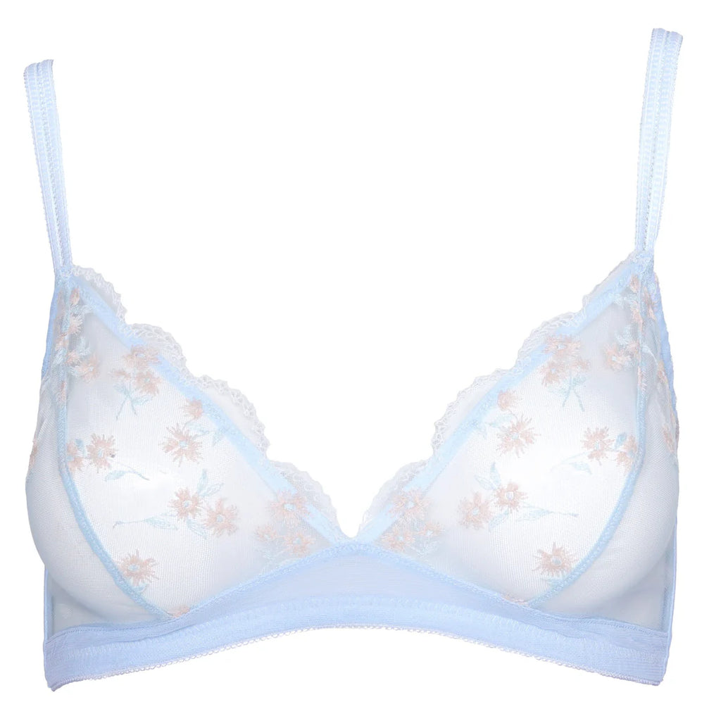 Delicate embroidered flowers scatter across this pale blue bralette. Perfect for an all day relaxed fit yet still offering support.  Matching knickers are also available and for more support we do this in an underwired style.