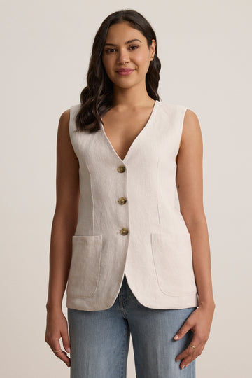 Waistcoats are definitely having a moment and this creamy coloured one from Velvet by Graham &amp; Spencer is classic yet cool.&nbsp; Featuring the traditional 3 button closure and a flattering v neck this is perfect paired with your favourite denim.