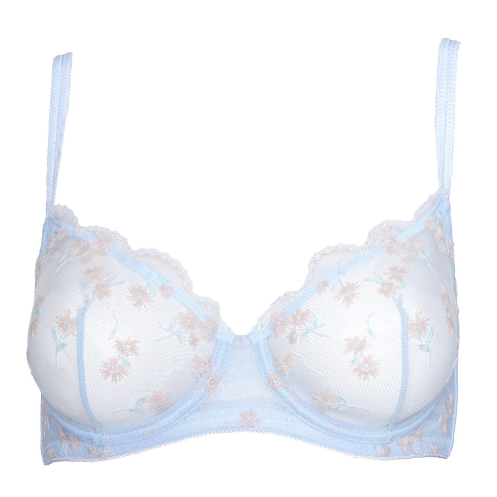 How pretty is this pale blue underwired bra from HDelicate white floral embroidery sets of the soft blue and the straps are even pretty enough to show under your strappy top.  Don't forget the matching knickers!