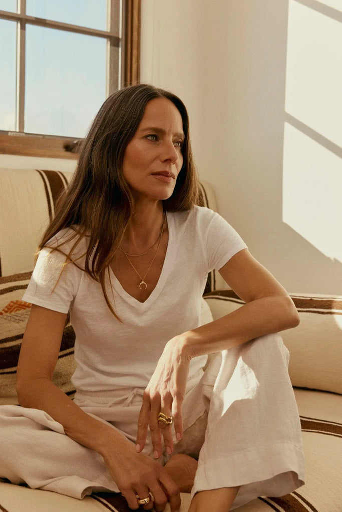 This is a great v-neck tee.&nbsp; A little bit preppy with a pinch of tomboy style, it's the perfect basic.&nbsp; Cut from Velvet's&nbsp; luxe cotton slub, it's super soft, washes beautifully and hugs your body in all the right spots.