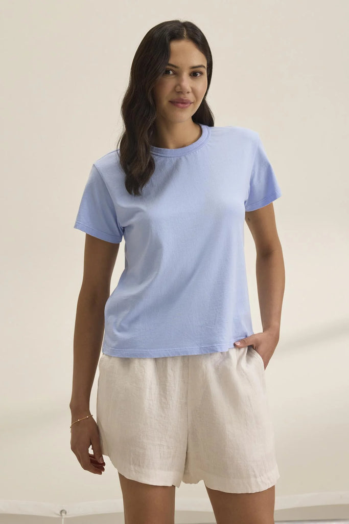 This short sleeve crew neck tee from Velvet by Graham &amp; Spencer crafted from mid weight organic cotton jersey will quickly become a favourite.&nbsp; Featuring a crew neck, short sleeves and a ribbed neckline it's slightly shorter boxy shape looks fab paired with wide legged denim.