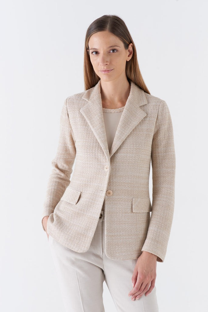 Gorgeous neat neutral jacket from uber luxury brand Amina Rubinacci.  Crafted from a shimmering linen and cotton blend this jacket will elevate any outfit.  Perfect paired with your white denim or for a dressier look pair with smart white trousers and a heel.  An investment piece but definitely worth it - and you're worth it!