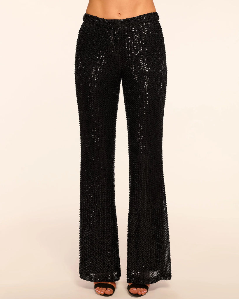 Wow!&nbsp; Make a statement with the Olivian Beaded Sequin Flare trousers from Ramy Brook!&nbsp; &nbsp;Embellished with all over black sequins these cool trousers feature a slim fit, flared leg and a flattering high rise waist.&nbsp; For a soft look pair with a simple knit but for full on glamour pair with the matching Leon Top (in store exclusive).&nbsp; &nbsp;A perfect party piece!