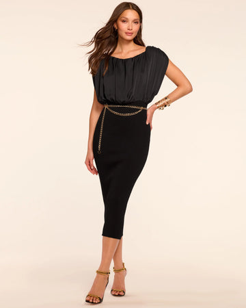 Get ready for the compliments!&nbsp; The Rochelle dress from uber cool New York City brand Ramy Brook features a ruched satin bodice and a ribbed knit skirt blending the two different fabrics effortlessly.&nbsp; The combination makes this a super universally wearable dress - perfect for day or evening wear.