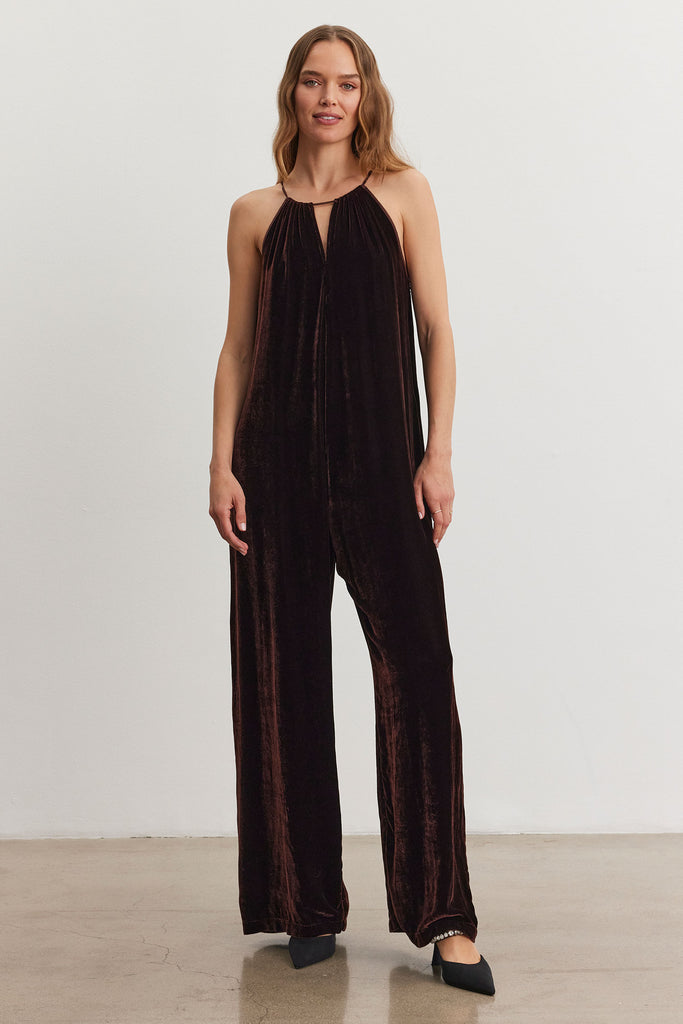 Jumpsuit of dreams!&nbsp; Crafted from super soft velvet in the most beautiful browny bronzy colour and featuring wide legs, a thick satin self tie belt and self tie at the neck this will easily see you thru the party season in style.&nbsp; Love it!