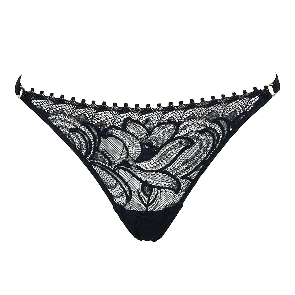 No wardrobe is complete without a black underwear set and these knickers match the bra.  Black lace and gold hook details elevate these to a sophisticated level, whilst ensuring a flattering and comfortable fit.  Matching items are also available.