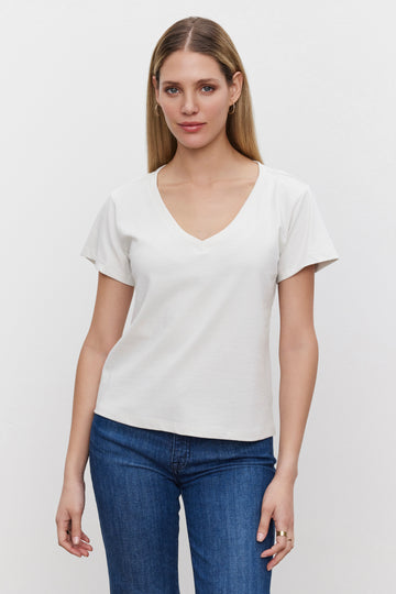Say hello to your new favourite v neck tee!&nbsp; Crafted from Velvet by Graham &amp; Spencer's signature super soft cotton and featuring a shortish length and a boxy fit this is perfect with your wide legged denim.