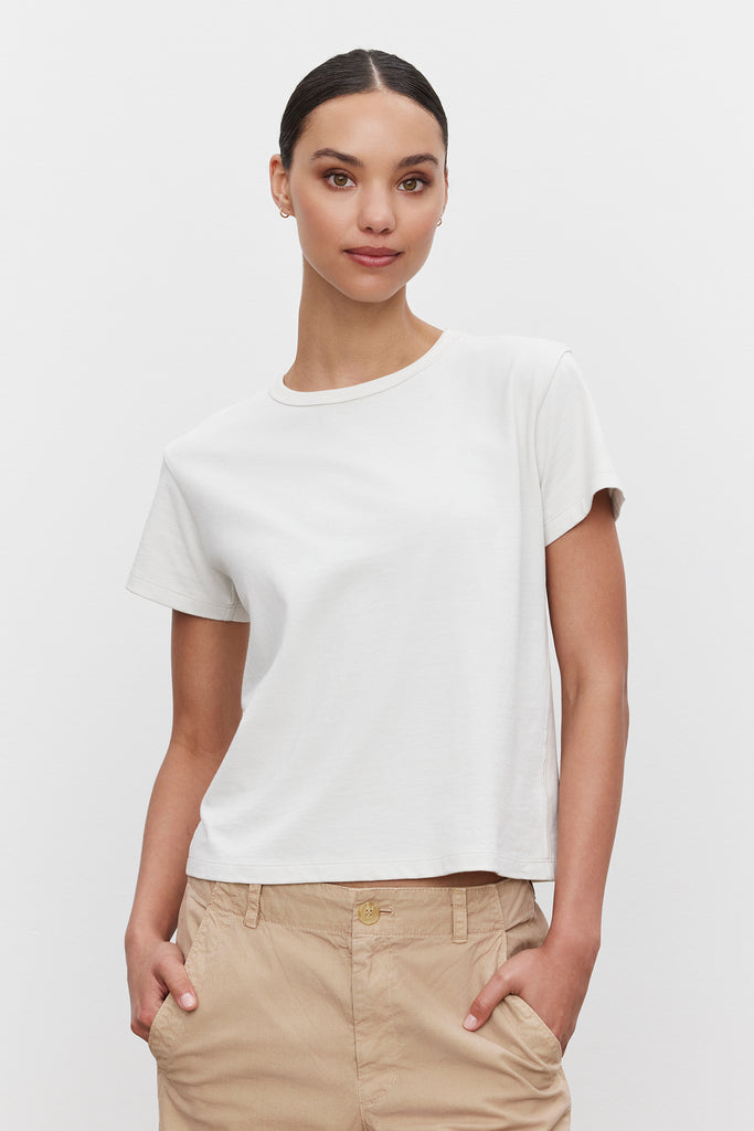 Say hello to Leigh - you're new go to shaped tee!&nbsp; Crafted from Velvet by Graham &amp; Spencer's signature super soft cotton and featuring a crew neck and a boxy shape this is literally the perfect style to wear with all your wide legged trousers or high waisted skirts.&nbsp; You'll want this in every colour!