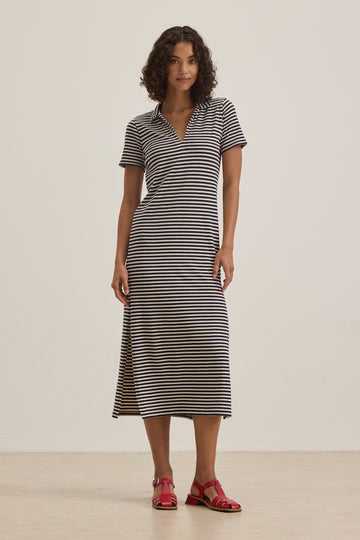 Ah we love a tee shirt dress and Khan from Velvet by Graham &amp; Spencer does not disappoint!&nbsp; Crafted from their signature super soft fabric and featuring an on trend navy horizontal strip and flattering v neck this is the perfect "running around on a hot day but want to look good" dress!&nbsp;