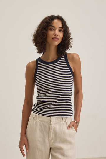 Velvet by Graham &amp; Spencer do such fabulous tee and vests and Lua is a fresh new shape from them.&nbsp; In a very on trend horizontal stripe and featuring a flattering cut in at the shoulders shape this is great paired with your favourite denim shorts for a hot lazy Summer day!