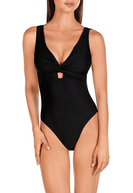   We are very excited to be stocking Spanish swimwear brand Dolores Cortes.  The brand is a family business started over 60 years ago.  It is known for its stylish design and amazing comfort.  This black swimsuit features a twist front with lightly padded cups,  wide straps and a deep back.
