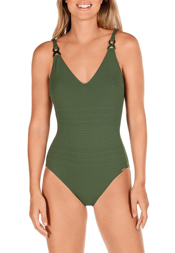  We are very excited to be stocking Spanish swimwear brand Dolores Cortes.  The brand is a family business started over 60 years ago.  It is known for its stylish design and amazing comfort.  This khaki textured swimsuit features a v-neck and low-cut back.  It has rings on the adjustable straps and lightly padded cups.   