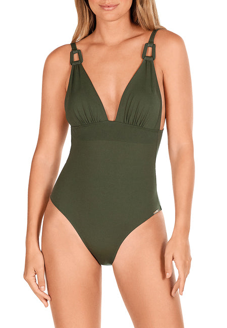  We are very excited to be stocking Spanish swimwear brand Dolores Cortes.  The brand is a family business started over 60 years ago.  It is known for its stylish design and amazing comfort.  This sleek khaki swimsuit features a deep v-neck and low-cut back with cross-over straps.  It has rings on the adjustable straps and lightly padded cups.   