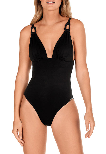 We are very excited to be stocking Spanish swimwear brand Dolores Cortes.  The brand is a family business started over 60 years ago.  It is known for its stylish design and amazing comfort.  This sleek black swimsuit features a deep v-neck and low-cut back with cross-over straps.  It has rings on the adjustable straps and lightly padded cups.   