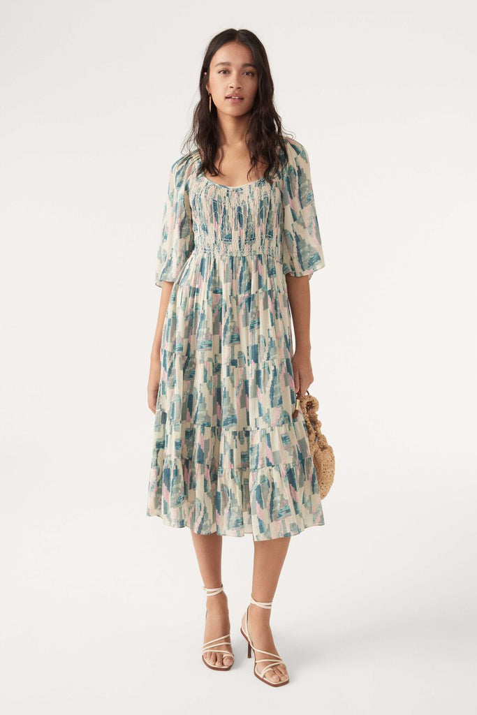 Say hello to your new favourite Summer dress!  The stunning midi Teol Dress from Ba&sh features smocking at the bust, short flouncy sleeves, self tie at the back and a ruffle at the hem.  Easy dressing at it's best.  Throw on some Castaner espadrilles and your ready for lunch! Or Brunch!