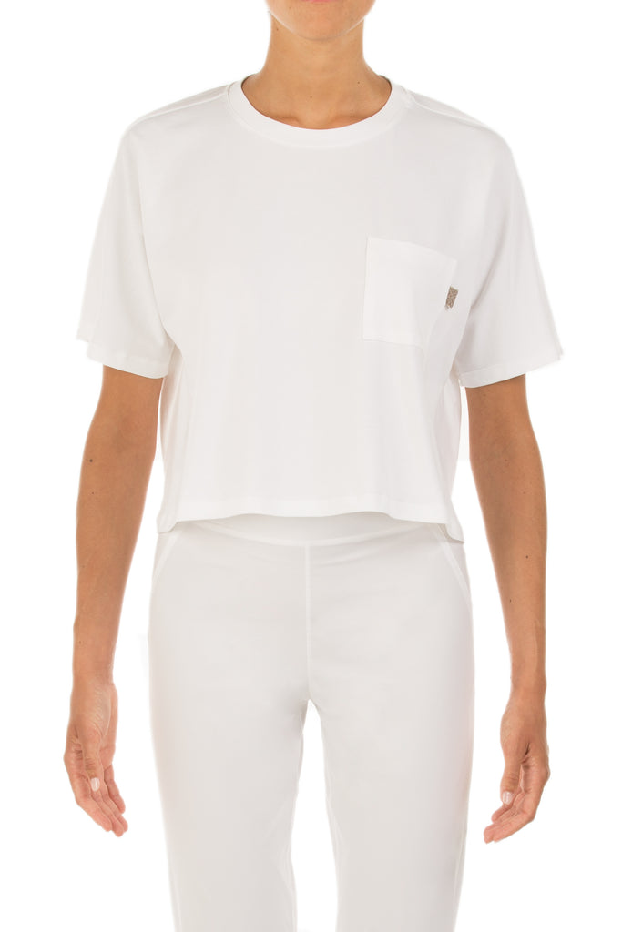 We love a white tee!  This one from luxury Italian brand Le Tricot Perugia ticks lots of our boxes.  Crafted from super soft cotton with a bit of elastane for stretch in a boxy shape this looks fab paired with your favourite maxi skirts.  And we always love a white tee with denim.