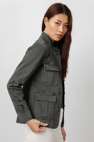 This heavy duty military inspired cotton jacket in a vintage twill features long sleeves, a slim fit, stand collar, military patch pockets, front button closure, split hem at back and most importantly a bit of stretch for comfort.  We love a little jacket and this one from Rails certainly deserves a place in your wardrobe.