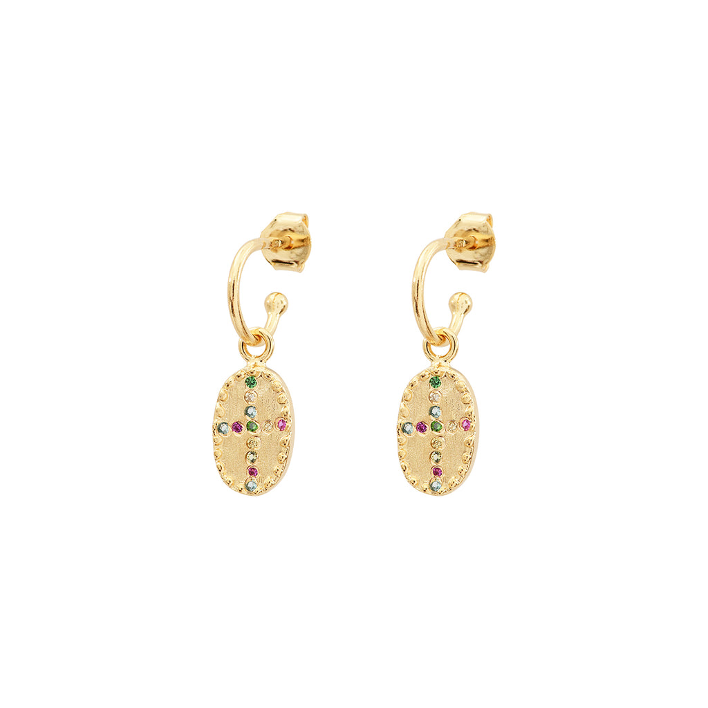 The By Bazile Rainbow Earrings feature a delicate brushed 3 micron matt gold plated oval set with tiny rainbow coloured jewels in the shape of an irregular cross suspended on small hoops. They are the perfect finishing touch to any outfit.  Pair with the matching bracelet for a put together look.  Perfect for day or evening -  we love them!