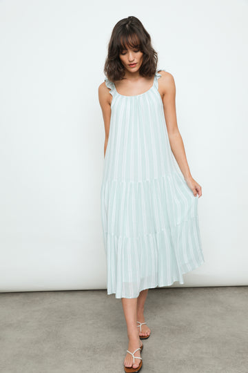 Crafted from Rails's super soft linen and rayon mix in a gorgeous mint stripe featuring a flattering scoop neckline, shoulder straps with a pretty ruffle detail, and a flowy tiered skirt this pretty one and done dress is effortlessly feminine and looks as good with a trainer as a strappy sandal.  When we put it on we could almost be in Capri!