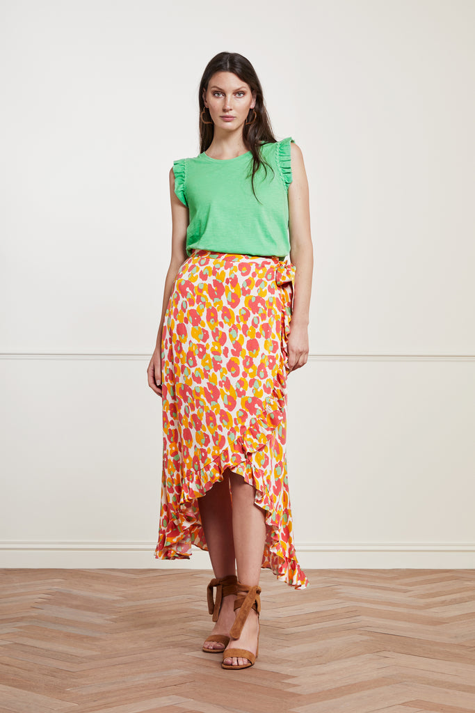 Amazing what can be created from recycled plastic bottles.  The gorgeous Boho Frill Skirt from Fabienne Chapot is as pretty as it is good for the environment.  This is a flowing a-line wrap skirt in a midi length and with a feminine frill at the hem.  In a fun multi coloured print this is perfect paired with a pretty tee or a lightweight cashmere jumper.