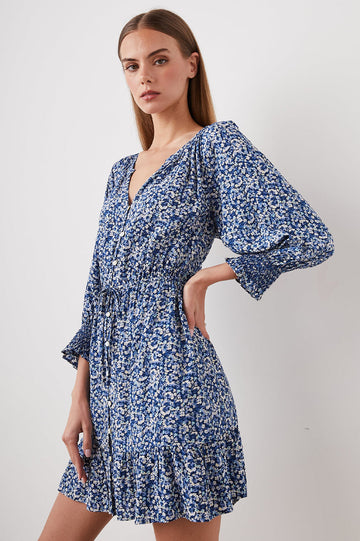 liza is quickly going to become your go to everyday wardrobe dress of choice!  In a gorgeous blue floral print and crafted from super soft lightweight rayon crepe Eliza features three-quarter length sleeves, a flattering v neck and adjustable drawstring waist - so you can wear it waisted or just loosely tied.  Easy effortless Summer dressing at it's best. No thought required - just slip it on and go. 