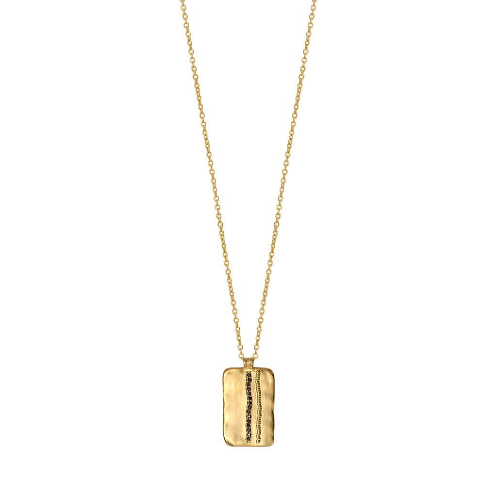 The Elvis collection is a must for your jewellery box!  These simple yet elegant pendant necklaces are timeless.  Featuring a small gold plated rectangle paved with black zirconia these will elevate any outfit.  Great for day or night (chain 43cm long).