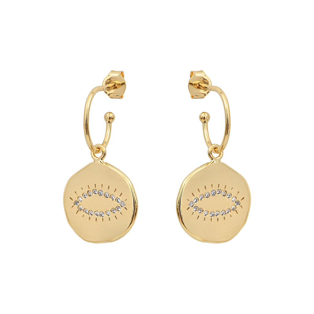 The Happy White Earrings are gorgeous small hoops with a suspended circle that features a sparkly zircon eye.  Crafted from gold plate these are as light as air and will elevate any outfit.  Pair with the matching Happy Pendants for a put together look.  Perfect for day or evening - we love these!