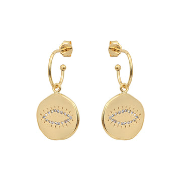 The Happy White Earrings are gorgeous small hoops with a suspended circle that features a sparkly zircon eye.  Crafted from gold plate these are as light as air and will elevate any outfit.  Pair with the matching Happy Pendants for a put together look.  Perfect for day or evening - we love these!