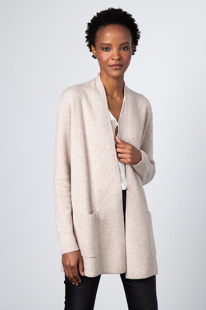 Gorgeous super soft thick cashmere cardigan in a lovely taupe colour.  This is just the thing to add some warmth when the temperatures drop.  Beautiful enough to wear out over a silk cami and trousers but also the perfect cardi to wrap up in at home when you're taking some well deserved me time!  And we think you should have beautiful things to wear when you are taking time for yourself at home!
