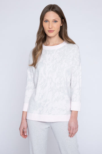 Gorgeous reversible cashmere cotton crew neck from luxury cashmere brand Kinross Cashmere.  In a beautiful pale pink and grey print this is a great every day relaxed jumper.  Perfect with denim but also great for lounging around at home.