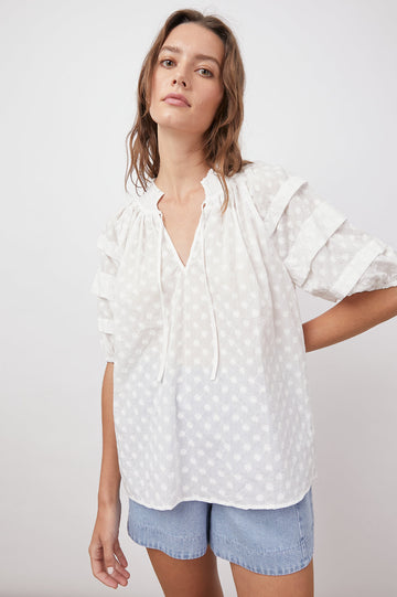 What a pretty, feminine blouse from Rails!  Featuring daisy embroidery throughout, smocking at the collar, deep pleats on the sleeves and an elasticated sleeve opening this is perfect paired with your favourite Paige denim shorts.
