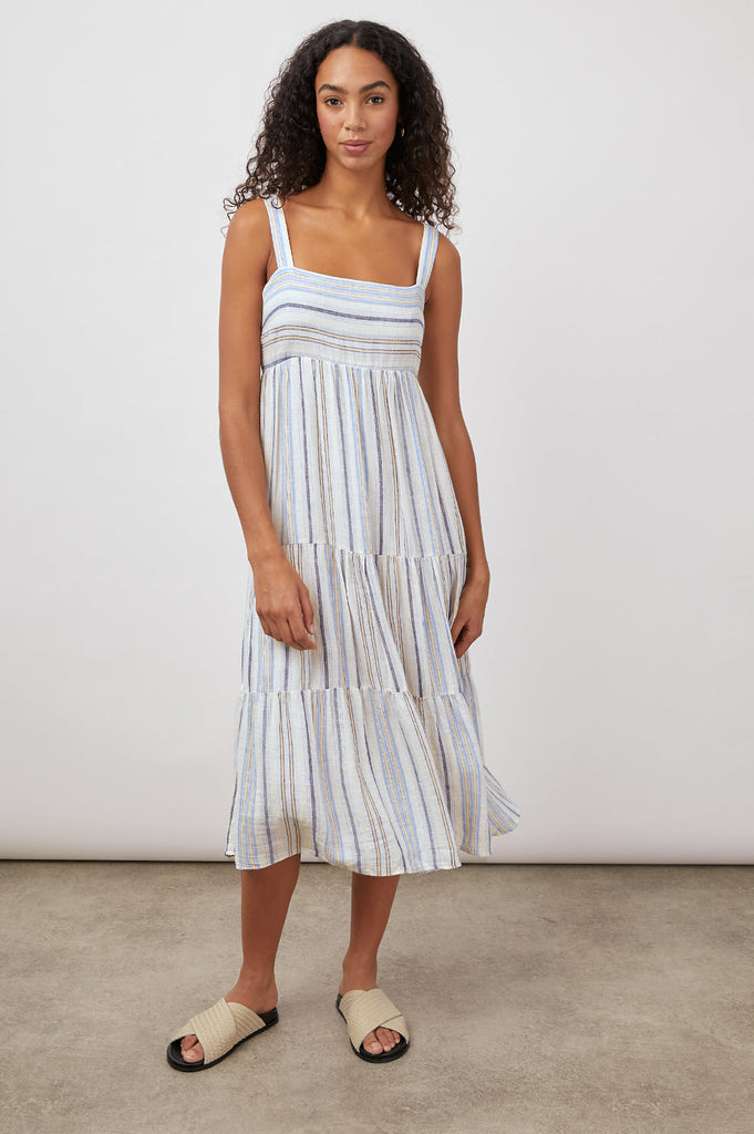 Effortless, feminine dressing as it's finest!  Shailene is the perfect throw on and go dress.  Crafted from luxe lightweight linen in a pretty muted stripe and featuring wide straps (that cover your bra straps so yay!), a flattering square neckline and a flowy tiered skirt this definitely deserves a spot in your Summer dress collection!