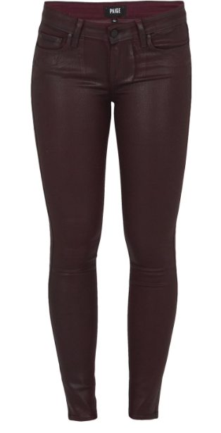 Paige's Verdugo Jean in Wine combines the brand's transcend fiber technology with a super gloss pigment that combines the look of leather with a silhouette that you can live in. The mid-rise Verdugo sits at the waist and fits through the hip, thigh and ankle for a true skinny fit. This denim is crafted with the luxe, Wine wax coating for a sleek look and true, rocker style.  52% Rayon 26% Cotton 18% Polyester 1% Spandex
