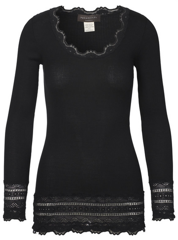 Another classic shape from Rosemunde - our go to brand for layering pieces.  This one features long sleeves and a round neck with a wide lace trim at the hem and the cuff.  Perfect for under jackets or knitwear but also lovely on it's own.  Shown here in black please may we have it in the dark grey as well!