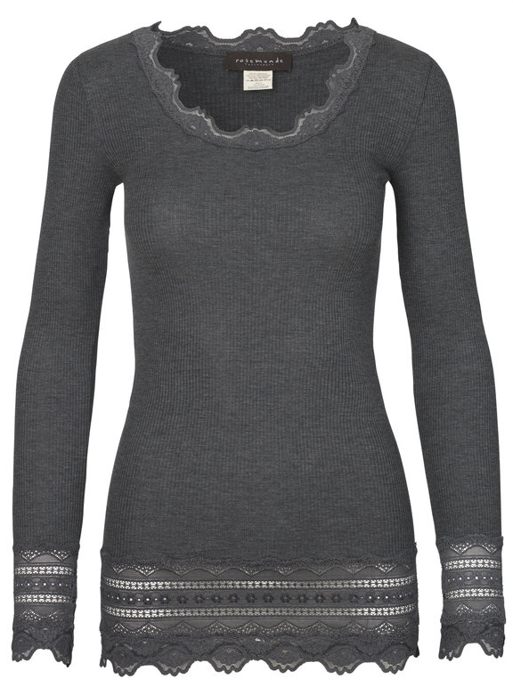 Another classic shape from Rosemunde - our go to brand for layering pieces.  This one features long sleeves and a round neck with a wide lace trim at the hem and the cuff.  Perfect for under jackets or knitwear but also lovely on it's own.  Shown here in grey but please may we have it in black as well!