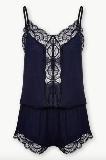 You will certainly have sweet dreams with the gorgeous navy dreamer teddy from Eberjey.  With delicate romantic sheer scalloped lace at the neckline and hem and crafted from Eberjey's signature super soft material you'll fall in love with this little number.