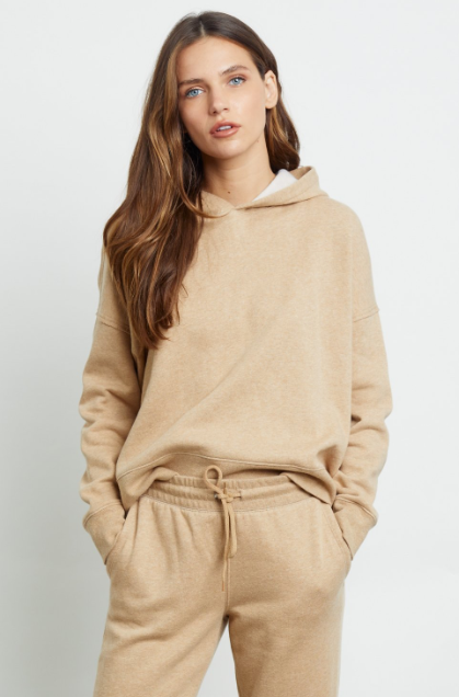 Can one ever have enough hoodies?  We would argue absolutely not!  Perfect lightweight hooded top from Rails crafted from super soft French terry in an always stylish camel colour.  With a dropped sleeve and drawstring hood this is perfect for lounging about the house or going about your day in comfort and style.