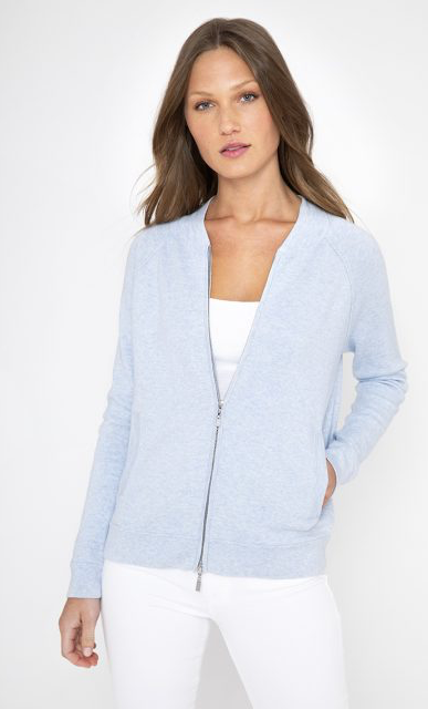 Super soft cashmere and cotton blend zipped cardigan from Kinross Cashmere in the prettiest pale blue.  Perfect paired with your favourite white jeans when you need an extra layer.  Also looks great over a white tee with a maxi skirt.