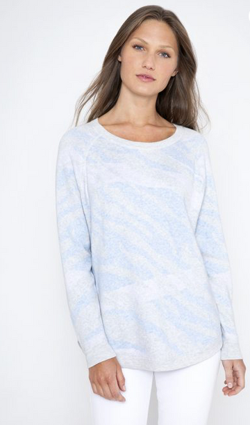 What a brilliant idea to create a cashmere and cotton blend sweatshirt!  This super soft long line relaxed fix sweatshirt in a gorgeous blue/grey/lilac wave pattern elevates the sweatshirt to a whole new level!  Perfect with your favourite white jeans or dress it down with your favourite joggers.