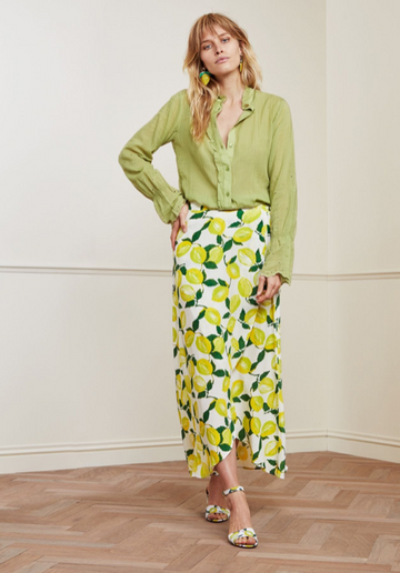 The beautiful Cora Skirt from Fabienne Chapot is an easy addition to your wardrobe.  Shown here in a pretty lime print this pairs perfectly with a tee, sweatshirt or jumper.  Can easily be dressed up or down and feels lovely against your skin.