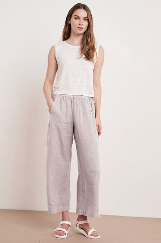 Velvet by Graham & Spencer's fabulous Lola trousers are back this season in a colour they are calling cement.  It's a dusty pinkish grey colour and a really good neutral.  Crafted from woven linen these easy to wear pull on trousers feature a relaxed leg and a very slight ankle crop making them the perfect choice for a summer day.