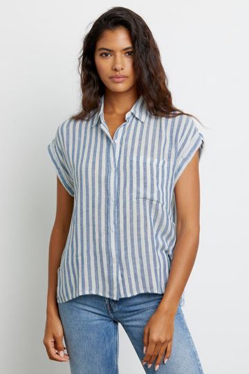 Can one ever have enough lightweight linen tops in the Summer?!  This pretty short sleeved button down top from our go to casual brand Rails features a longer hem in the back and a relaxed flattering shape.   This season Rails has done it in a preppy light blue stripe - perfect with white denim.   