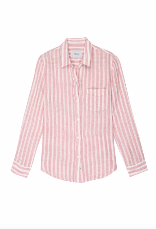 Striped, long sleeve button-down top with high-low shirttail hem, and single chest pocket. Lightweight, breezy linen fabric mixed with a relaxed body shape makes the Charli the perfect Southern California inspired button-down. 