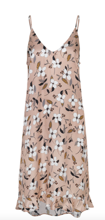 Midi dress in light silk viscose with a perfect V-neck, spaghetti straps and floral print. Wear it as it is or over a shirt or a t-shirt. Due to the material, the style can shrink a bit after washing.