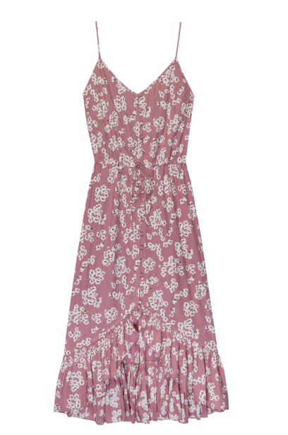 Sleeveless, V-neck, midi-length pink floral printed dress featuring thin adjustable shoulder straps, fabric covered buttons down the center front, a drawstring self-tie waistline, and a flowy bottom hem. Soft skirt lining. Feminine and flowy, this style is the perfect day-to-night dress. 