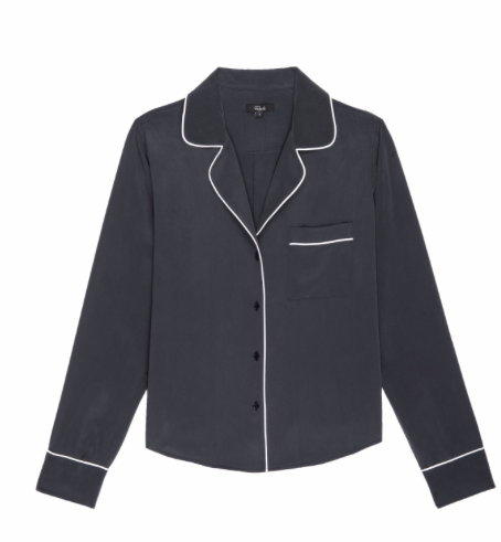 This gorgeous  long sleeved 100% silk pyjama style top in dark charcoal with a pretty white piping looks great paired with coated jeans or leathers.  This is a laid back relaxed style with a bit of polish.  The curved hem means it looks equally great tucked in or untucked or with the ever popular "French tuck".